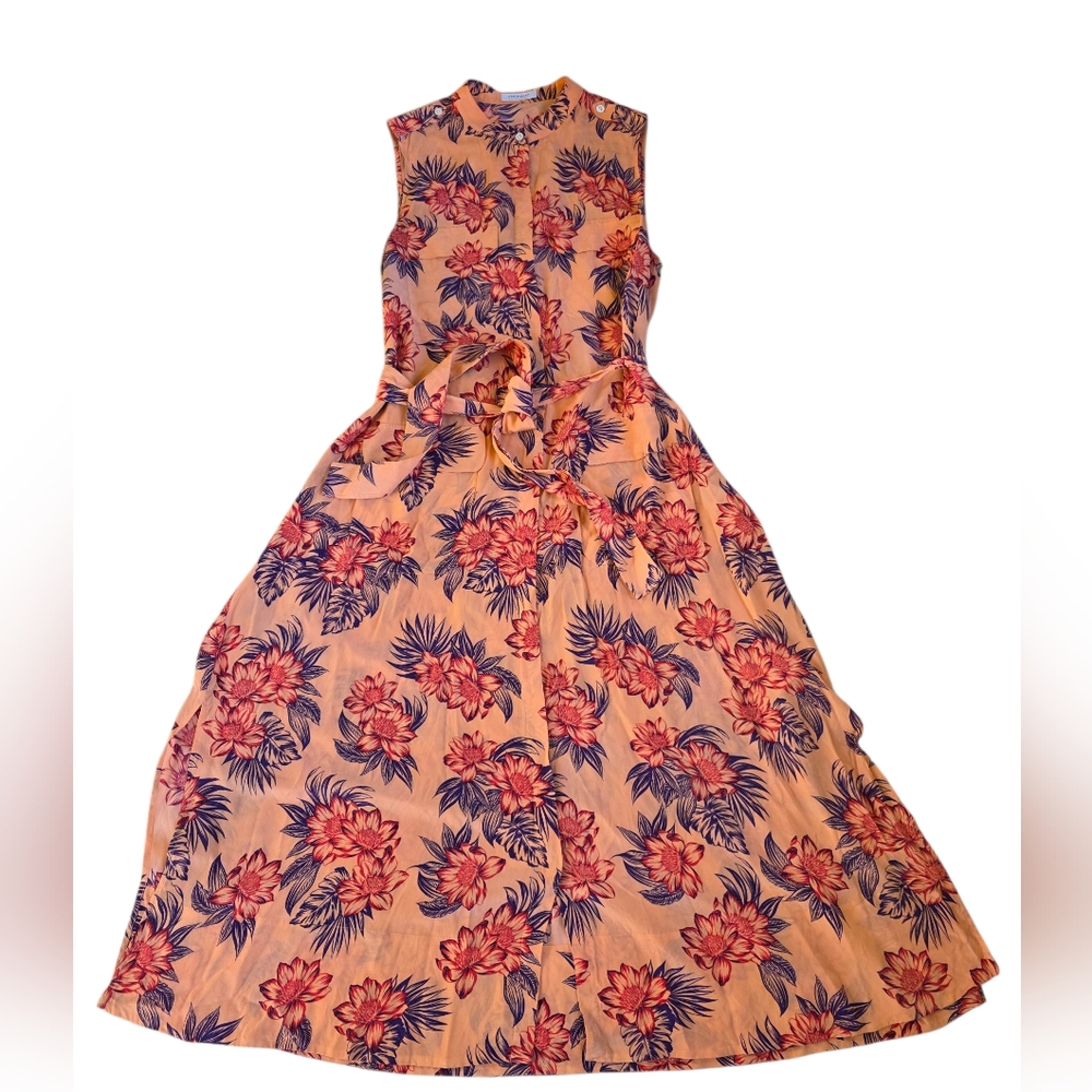 Equipment Femme 100% Silk Floral Print Button Up Sleeveless Belted Maxi Dress XL